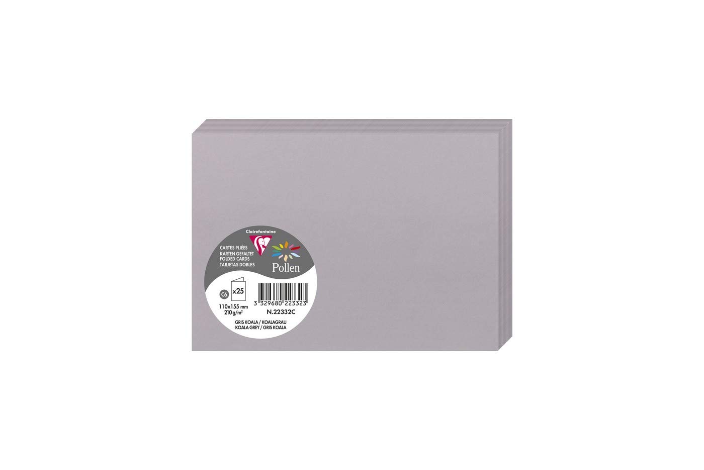 Clairefontaine 22332C Pack of 25 Double Cards Format C6 (11x15,5cm) 210gsm colour Koala Grey Invitation Correspondence Cardboard Pollen Range Premium Paper