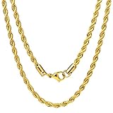 Three Keys Jewelry 4MM Mens Stainless Steel Necklace 18K Gold Plated Twist Rope Chain Necklace for Men Women