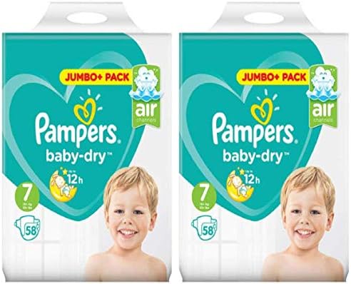Pampers Baby-Dry Nappies Size 7, 2 X 58 Jumbo Packs with Air Channels for 12 Hours of Dryness and Gentle On Skin, Multipack with Essential Needs That Compliment with Active Babies Day and Night