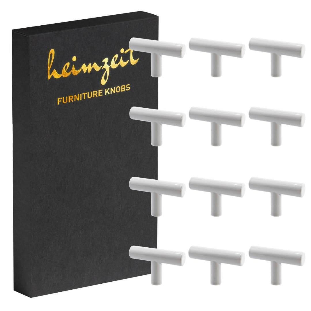 heimzeit Cabinet Knobs Bar for Doors, Drawers, and Dressers Made of Stainless Steel [12 Pieces, T-Shape] Color: White, Stylish Design, Furniture Knobs with Single Hole Grip and Screws
