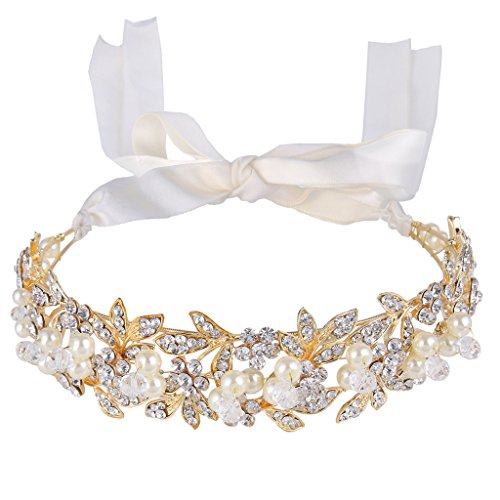 BriLove Women s Bohemian Crystal Ivory Color Simulated Pearl Bib Ribbon Tie Bendable Hair Band Clear