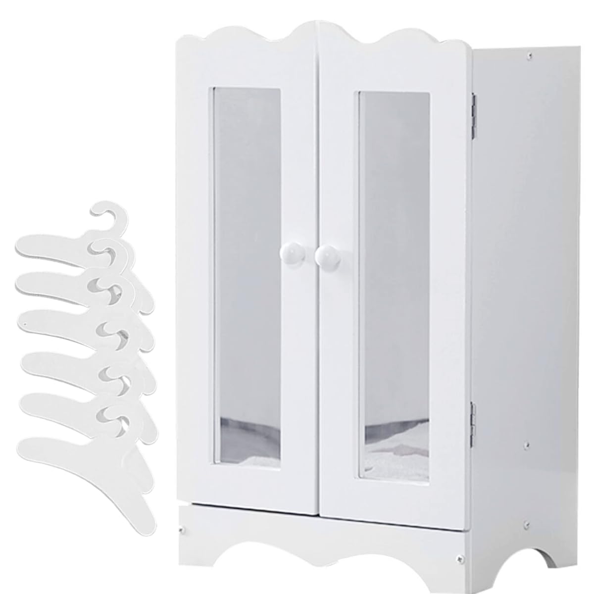 Doll's Wardrobe with 2 Mirrors and 6 Hangers Wooden Doll Armoire Open Closet Organizer Fits Up to 20'' Dolls Toys Furniture
