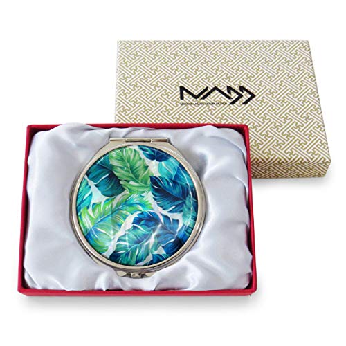 Makeup-Compact-Pocket-Mirror-Mother-of-Pearl-Metal-Round-Double-Sided-Folding-Magnify-Tropical-Palm-Leaves-Green