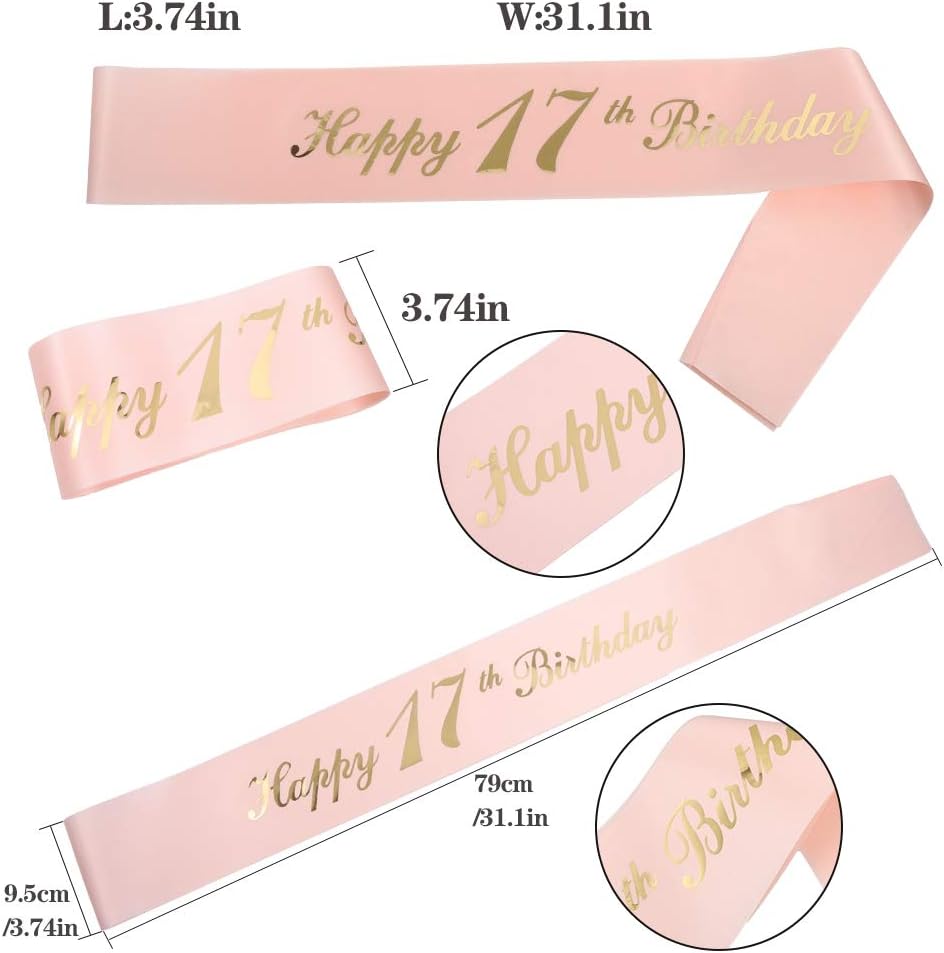 17th Rose Gold Happy Birthday Sash and Tiara Rhinestone Crown Headband for 17th Birthday Party Accessories, Decoration - Image 3
