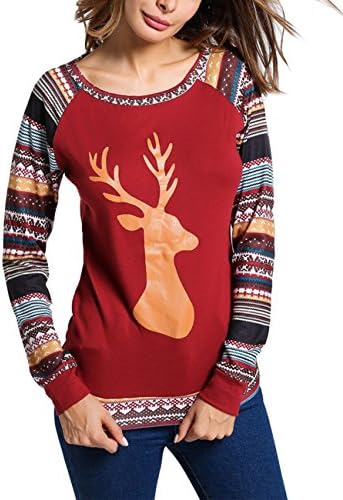 FUDITAI Women's Christmas Deer Print Sweatshirt Long sleeves T-shirt Top(Red)XL