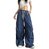 PUKUPE Striped Baggy Parachute Pants Women Y2k Track Pants Leopard Cargo Sweatpants Navy Blue