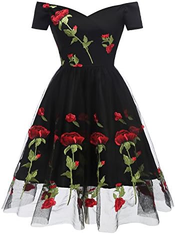 Aecibzo Women Sexy Floral Lace Short Sleeve Boat Neck Cocktail Formal Swing Dress (L, Black)