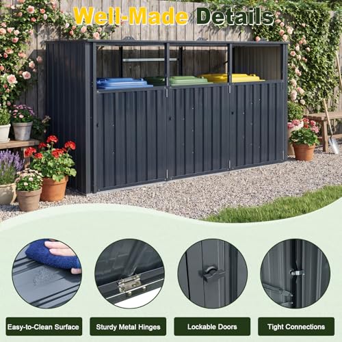 Goplus 7.8 x 2.6 FT Outdoor Trash Can Storage, 3-Bin Metal Garbage Shed with Flip-Up Lids & Lockable Doors, Galvanized Steel Utility Enclosure for Garden Tools Equipment, Patio, Backyard & Yard