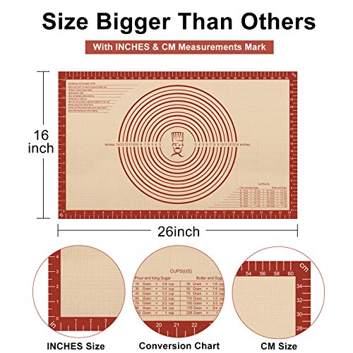 Silicone Pastry Mat With Measurements,Non-stick Silicone Baking Mat for Rolling Dough Non Slip Extra Large Fondant Mat,BPA-Free Counter Mat,Oven Liner for Pie Crust,Pizza and Cookies 16\'\'(W)26\'\'(L)
