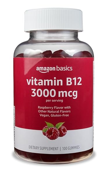 AMAZON BASICS VITAMIN B12 3000 MCG GUMMIES, NORMAL ENERGY PRODUCTION AND METABOLISM, IMMUNE SYSTEM SUPPORT, RASPBERRY, 100 COUNT (2 PER SERVING) (PREVIOUSLY SOLIMO)