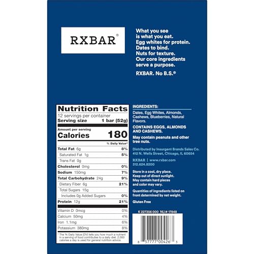 RXBAR PROTEIN BARS, PROTEIN SNACK, SNACK BARS, BLUEBERRY, 22OZ BOX (12 COUNT)