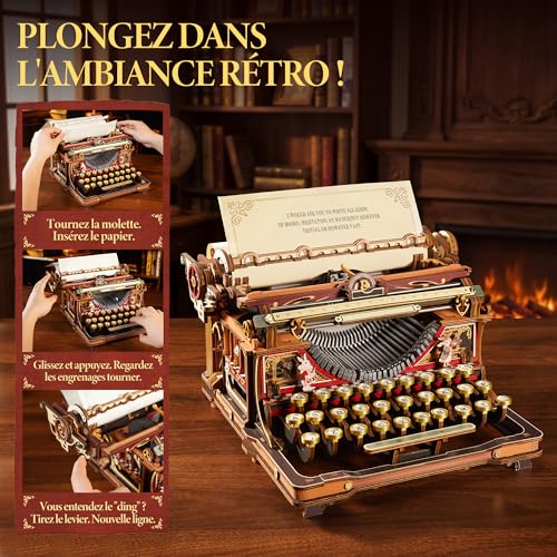 ROBOTIME Fairytale Wooden 3D Puzzle Writing Machine - Building Adult Model Kit, Mechanical Toy, Retro Office Decoration & Elegant Gift, LK703C (Orange)