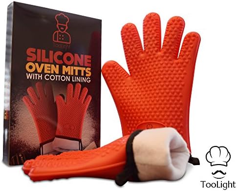 Silicone BBQ Gloves 1 Pair with Padded Cotton Liner, Strong Non-Slip and Heat-Resistant Cooking Gloves - Use for Barbecue, Baking, Cooking, Boiling, Potholder, Smoking etc.