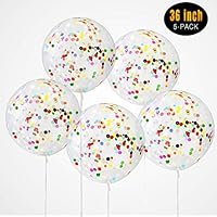 36 Inch Giant Round Confetti Balloons(5-Pack), Extra Large Clear Latex Jumbo Balloons with Colorful Metallic Paper Pre-filled, Wedding, Bridal Shower Decorations, Bachelorette Party Supplies, Child and Adult Birthday Balloon