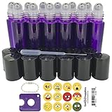 Got Oil Supplies 10ml Roller Bottles For Essential Oils - Includes 12 Free Emoji Lid Stickers, Rollerball Insert Tool & Pipette - 6 or 12 Packs In Multiple Colors (12 Pack, Purple)