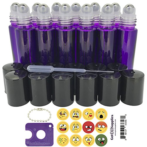 Got Oil Supplies 10ml Roller Bottles For Essential Oils - Includes 12 Free Emoji Lid Stickers, Rollerball Insert Tool & Pipette - 6 or 12 Packs In Multiple Colors (12 Pack, Purple) - Thumbnail 3
