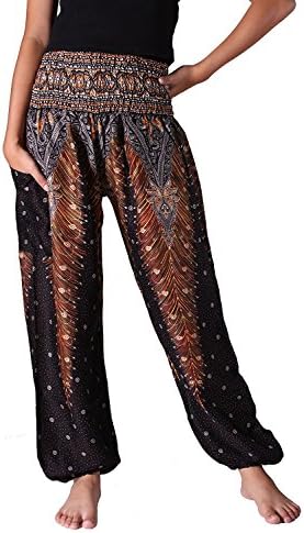 Thailand pants Women's Yoga Smocked Waist Harem Hippie Boho Peacock Clothing Design Elephant Pants US Size 0-12 (Black)