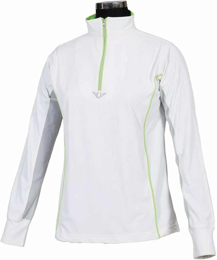 TuffRider Ladies Neon Mock Zip Long Sleeve Sport Shirt - White/Neon Peach X-Large: Clothing