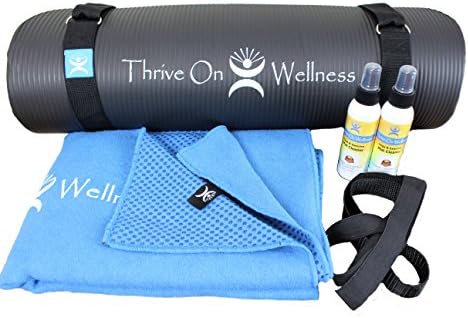 Thrive On Wellness 6 in 1 Exercise Mat Kit - includes 1 Thick Mat &amp; Yoga Towel Mat, with 2 Mat Spray Cleaners &amp; 2 Straps for Carry &amp; Stretch - BEST for Pilates, Yoga, Hot Yoga, P90x &amp; Stretch (Black)