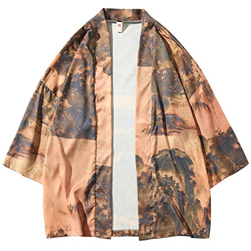 Hotmiss Men's Kimono Cardigan Jacket Japanese Style Flying Crane Seven Sleeves Open Front Coat (Yellow, X-Large)