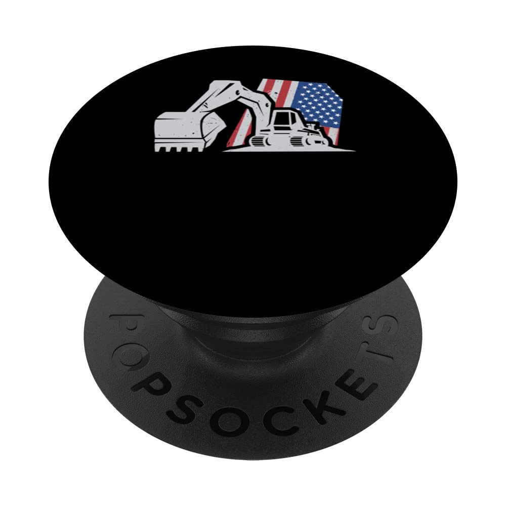 USA Flag Excavator Lover Construction Worker Vehicle Digger PopSockets Swappable PopGrip