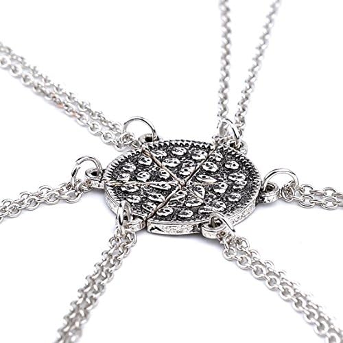 6PCS Pizza Necklace Women Girl Silver Tone Rhinestone Best Friends Forever BFF Necklace Engraved Pizza Pendant Necklace