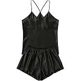 winkbay Women's 2 Piece Satin Pajamas Summer V Neck Sleeveless Cami Top and Mini Shorts Lounge Sets Sleepwear