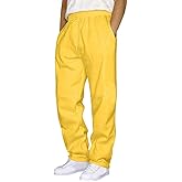Brand Men's Large Tall Cotton Sweatpants - Straight Leg, Zipper Pocket, Fleece, Open Bottom, Yellow