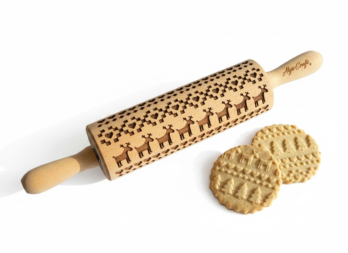 Scandinavian Christmas Embossing Rolling Pin. Laser Engraved Dough Roller with Christmas Pattern by Algis Crafts