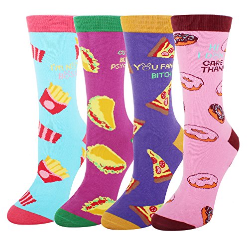 Women Girls Novelty Funny Colorful Crew Socks Crazy Rainbow Unicorn Poop Emoji Food Fruit Flower Socks (4 Pack-Food)
