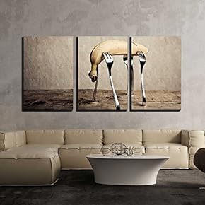 3 Piece Canvas Wall Art - Still-Life with Banana Stuck on Four Forks - Modern Home Art Stretched and Framed Ready to Hang - 16"x24"x3 Panels