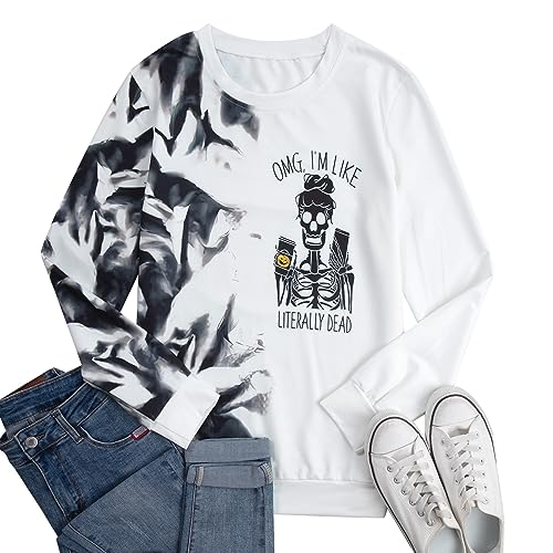 MOUSYA HALLOWEEN SKELETON SWEATSHIRT WOMEN SKULL SHIRT FUNNY COFFEE SKELETON HOODIE FALL LONG SLEEVE PULLOVER TOPS