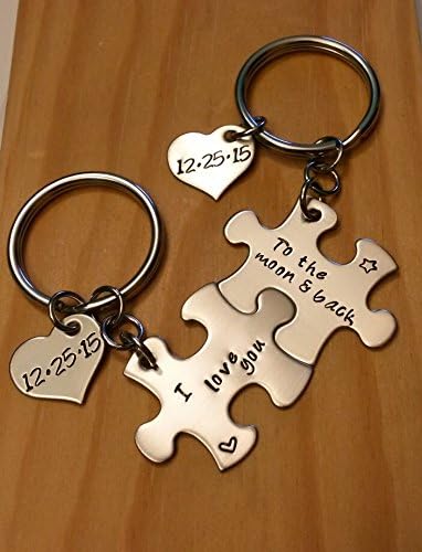 Hand Stamped Personalized Couples Puzzle Piece Keychain Set - I Love you to the moon and back - Anniversary Gift - Wedding Gift