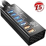 SmartDelux Powered USB Hub - 7-Port USB 3.0 Hub with 4 USB 3.0 Ports, 3 Smart Charging Ports, Power Adapter, Long Cord, LEDs (Black)