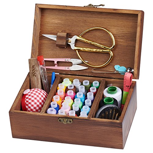 image for Wooden Sewing Kit Set - Wood Basket Storage Organizer Box With Profess