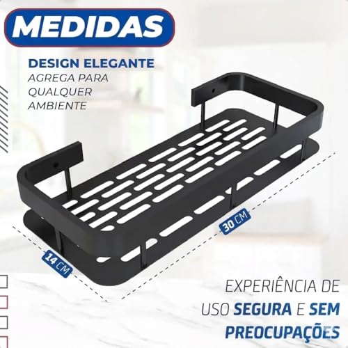 Kit com 2 Suporte de Parede para Banheiro Prateleiras Autoadesivas Preto Organizador para Shampoo e Sabonete Instalação Sem Furos