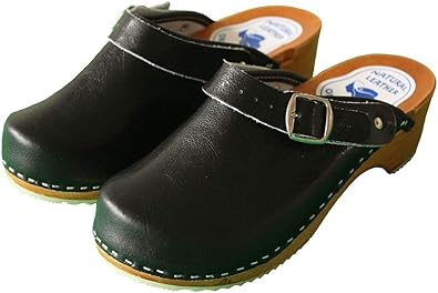ladies black leather clogs