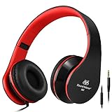 Intone I60 Lightweight Folding 3.5mm Stereo Over-ear Headphones Portable Stretch Headsets Earphones Leather Earpad with Build-in Microphone and Control Button for All Smartphones,laptops,tablets,pc,mp3/mp4,psp,ipod (Black/Red)