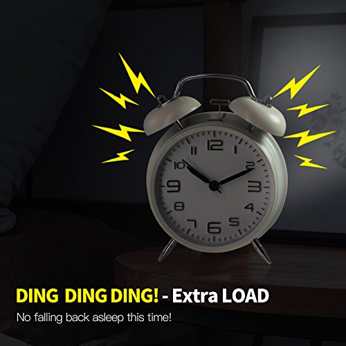 Betus Non-Ticking 4" Twin Bell Alarm Clock - Metal Frame 3D Dial with Backlight Function - Desk Table Clock for Home & Office - Milk White
