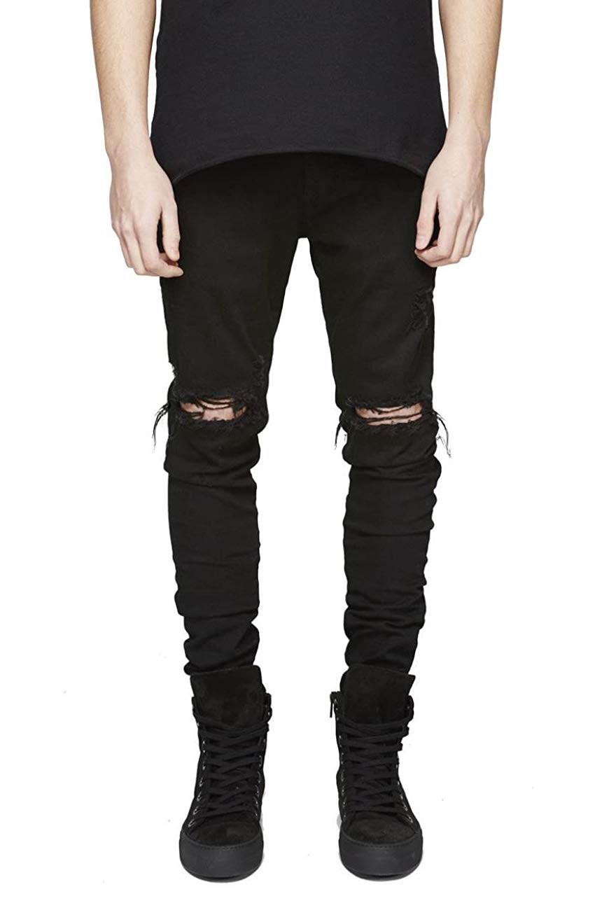 Photo 1 of Size 32 - Men's Black Ripped Destroyed Stretchy Knee Holes Slim Tapered Leg Jeans Denim Pants 32