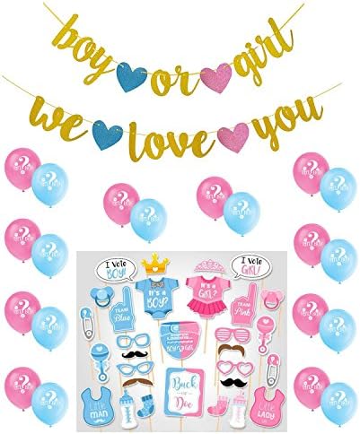 Gender Reveal Party Supplies Gold Glittery Boy or Girl We love you Banner Boy or Girl Photo Booth Props Balloons for Baby Shower Party
