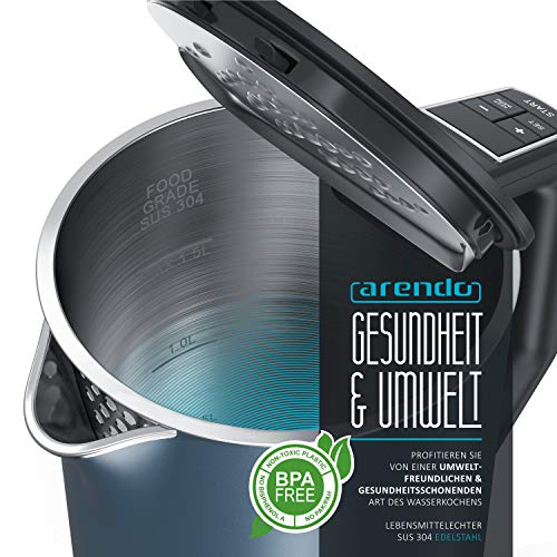 Arendo - Edelstahl Wasserkocher mit Temperatureinstellung 40-100 Grad in 5er Schritten - Doppelwand Design - Modell ELEGANT - 1,5 Liter - 2200 W - Teekocher mit Temperaturanzeige - GS - Admiral Blau – Bild 4