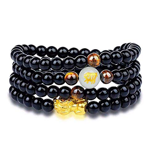Homelavie Feng Shui Natural Multilayer Black Bead Bracelet with Golden Pi Xiu/Pi Yao and Luminous Bead Lucky Wealthy Amulet Brecelet Jewelry