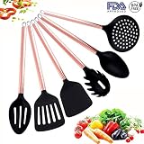HOPEBIRD Silicone Cooking Utensils Set With Copper Handle, Stainless Steel Copper Plating Handle Kitchen Utensils 6 Piece, Hanging Cooking Tool Spoons For Nonstick Cookware