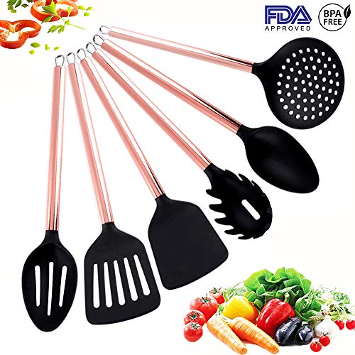 HOPEBIRD Silicone Cooking Utensils Set With Copper Handle, Stainless Steel Copper Plating Handle Kitchen Utensils 6 Piece, Hanging Cooking Tool Spoons For Nonstick Cookware
