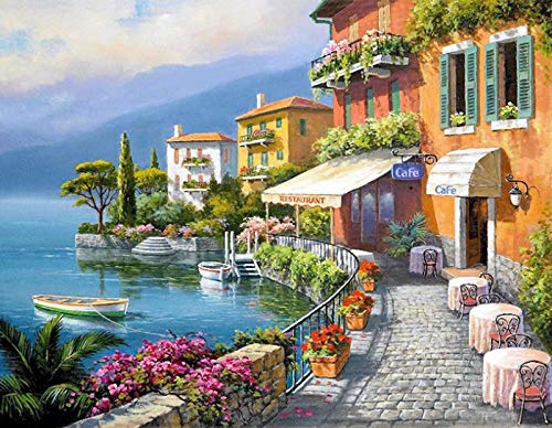 Wokawo Seaside Town Scenery Diamond Art Kits DIY 5D Rhinestone Painting by Number for Adults Full Drill Round Crystal Picture Canvas with Diamonds Relaxing Gift for Home Wall Decor 30x40cm