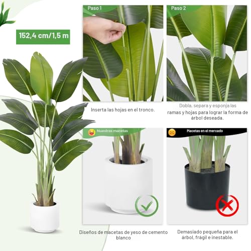 ZEEOZE Artificial Plant Bird of Paradise 150 cm Decorative Artificial Plants with 10 Banana Leaves, Large Indoor Artificial Plant with White Pot for Home Decoration Living Room Home Room Decor