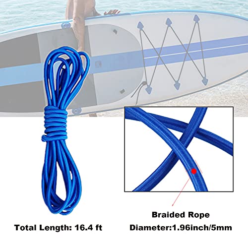 YUNNLEZT D-Ring Patch Kit, 6 Piece Stainless Steel D-Ring Patch Pads with 16ft Blue Elastic Bungee Cord for SUP PVC Inflatable Boat Kayak Canoe