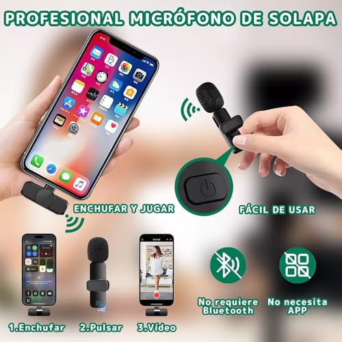 2 Pack Micrófono Inalámbrico,Microfono de Solapa para iPhone/iPad/Android/PC,Inalámbrico Lavalier Compatible Profesional con Reducción de Ruido Inteligente,Plug and Play,para Vlog Video,Youtube Tiktok