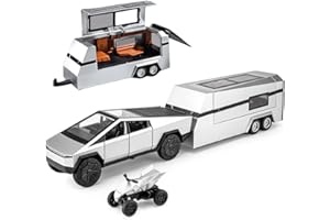 EROCK 1/32 Pickup Truck and Trailer Toys with Light and Pull Back, Alloy Diecast Pickup Trailer RV Model Kit, Diecast Model Car Toy Truck and Trailer for Boys Adults as Birthday Gifts (Silver)